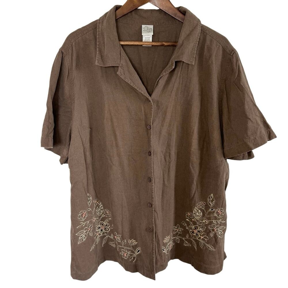 Vintage Y2K 90s Linen Button Down Embroidered Boho Coastal Cottage Plus Size 24